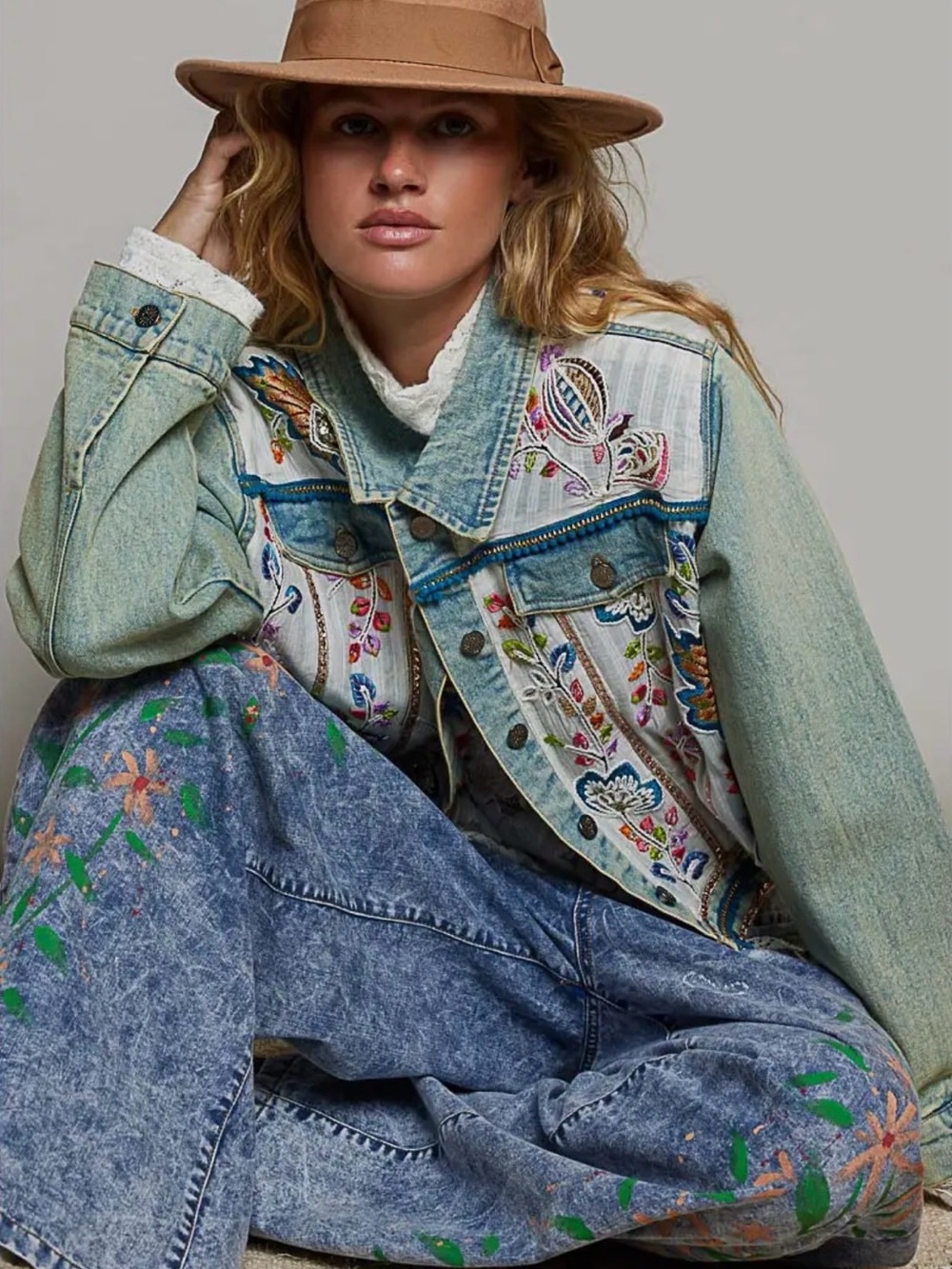 POL denim beaded sequin boho western tapestry patchwork floral jean jacket coat - Picture 3 of 5